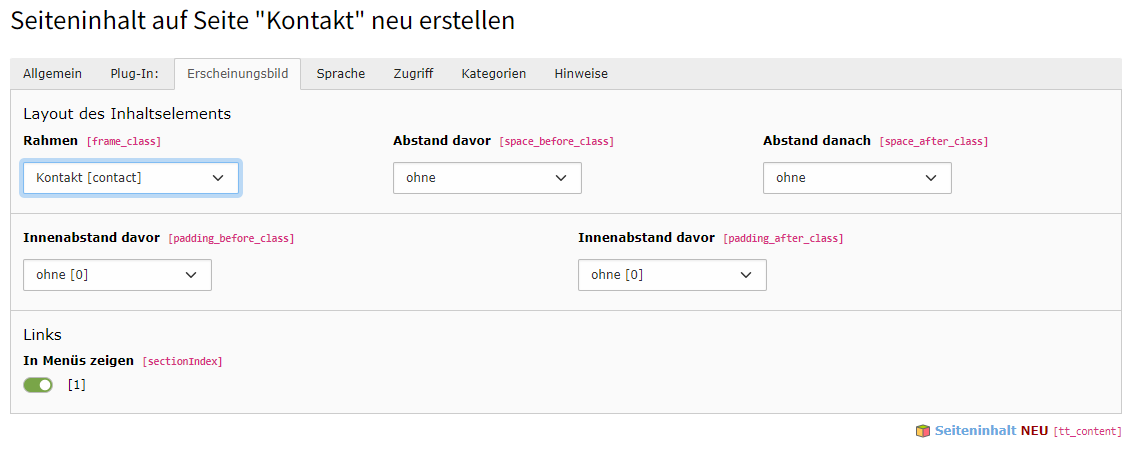 Kontakt Rahmen auswählen