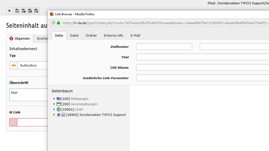 Verlinkung setzen: interner Link (Seite), Download(Datei), externer Link (Externe URL) oder E-Mail