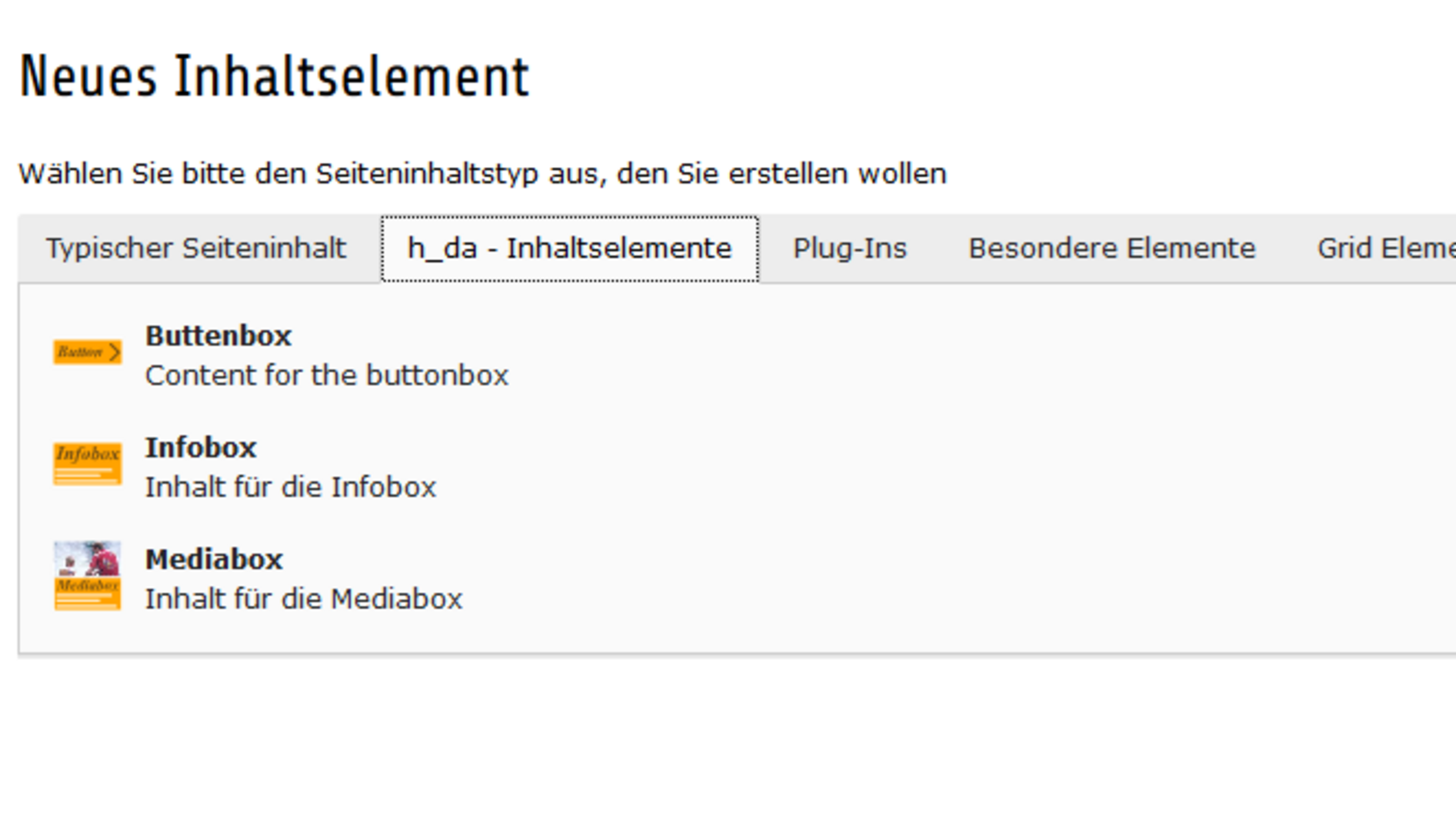 Neues Inhaltselement anlegen