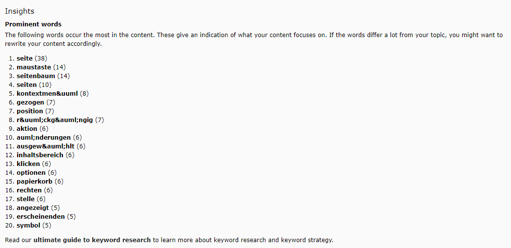 herausragende Worte in SEO Analyse