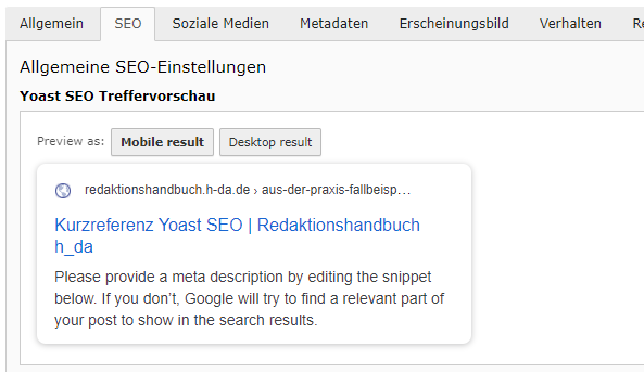 Yoast Vorschau in Seiteneigenschaften