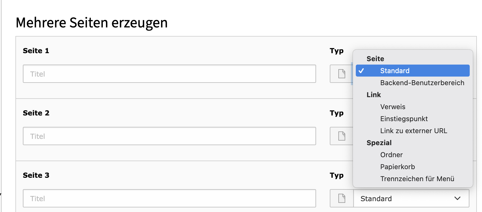 Typauswahl mehrere Seiten erzeugen