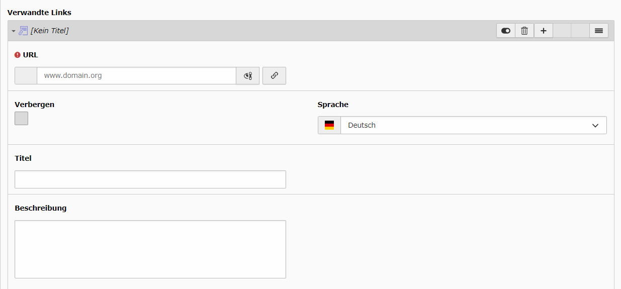 Link (URL eingeben) und Titel setzen. Beschreibung ist optional.