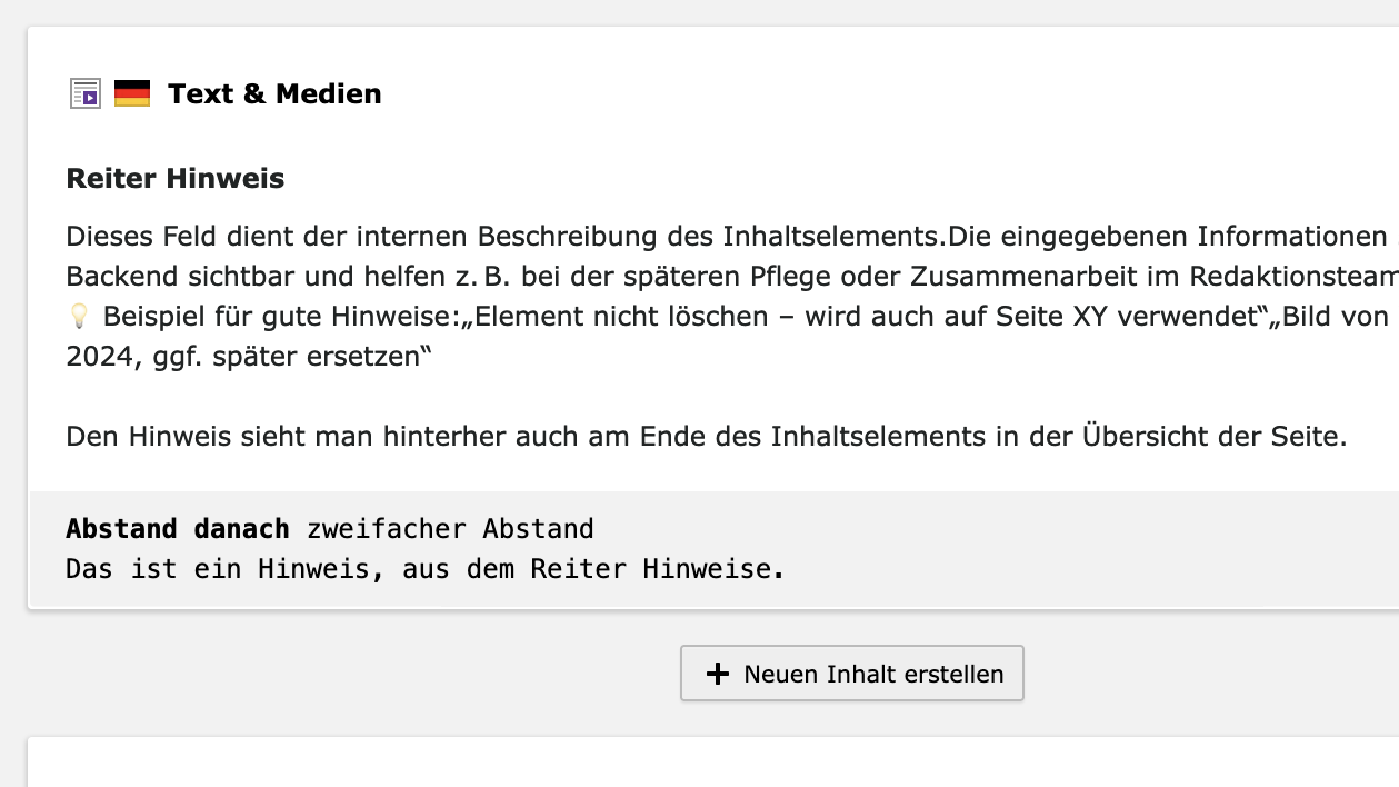 ausgefüllter Hinweis unter Inhaltselement