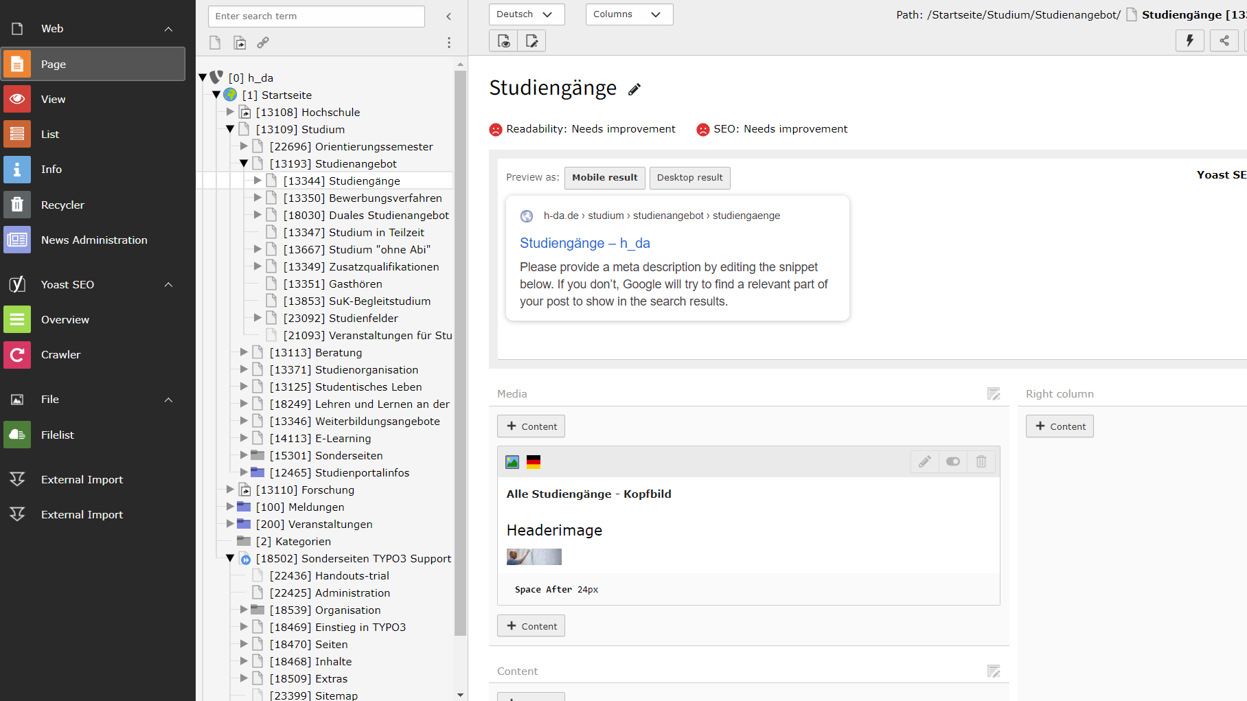Arbeitsbereich Übersicht im Backend