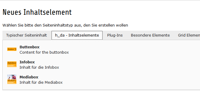 Neues Inhaltselement anlegen: h_da Inhaltselement Buttonbox wählen