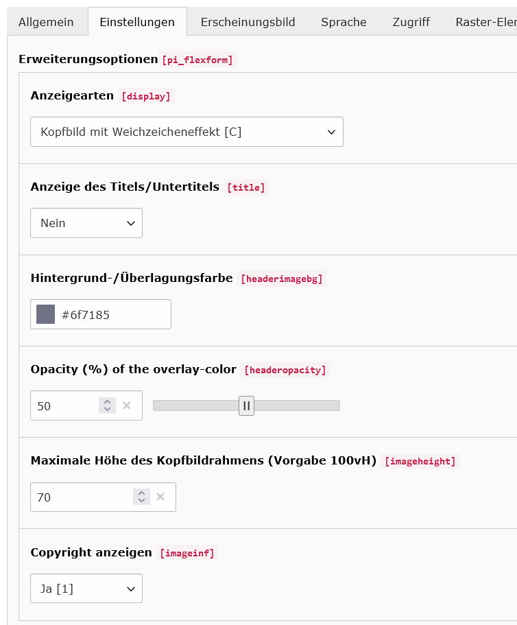 t3up_headerimage Tab Einstellungen