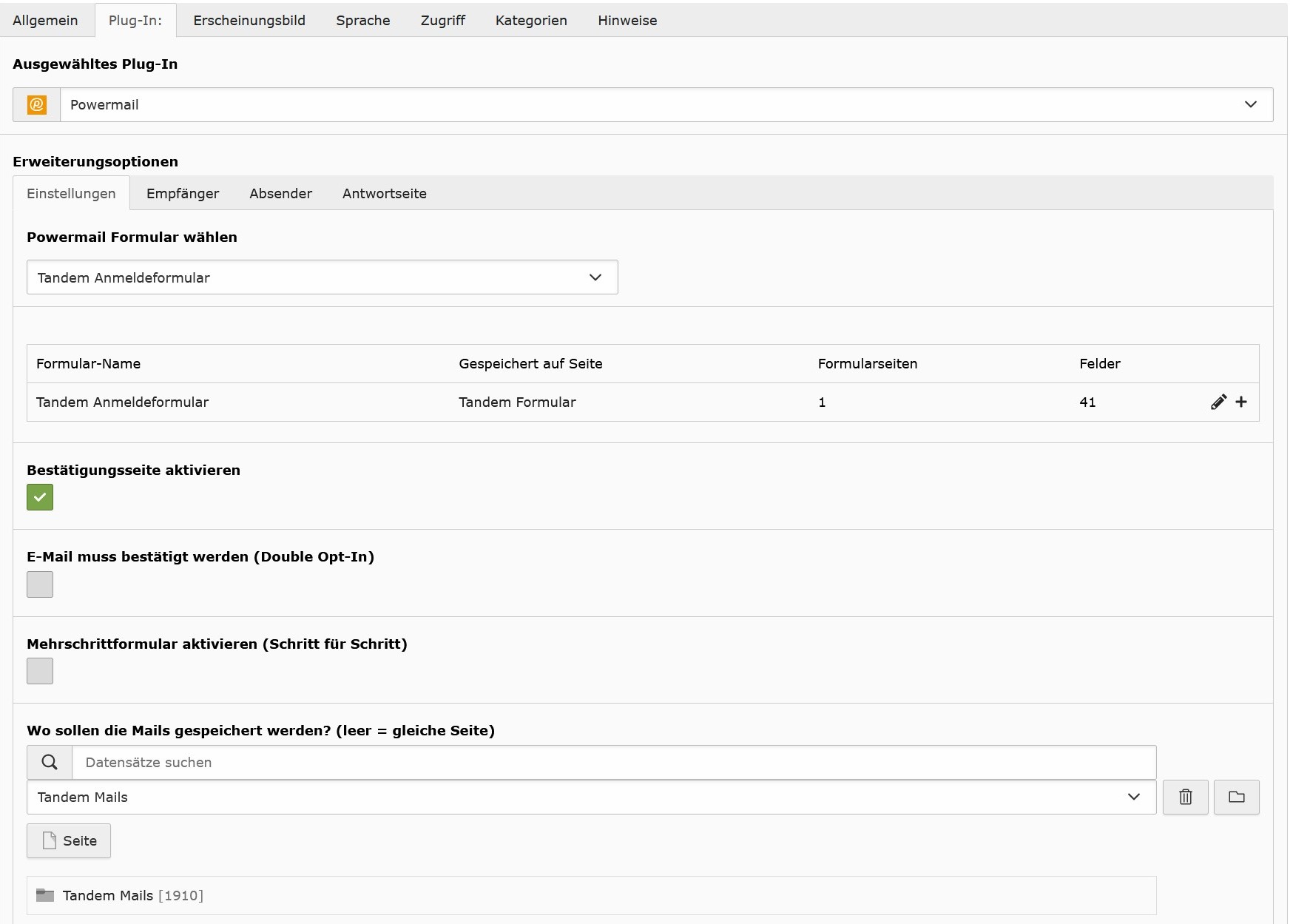 Reiter Einstellungen im Backend