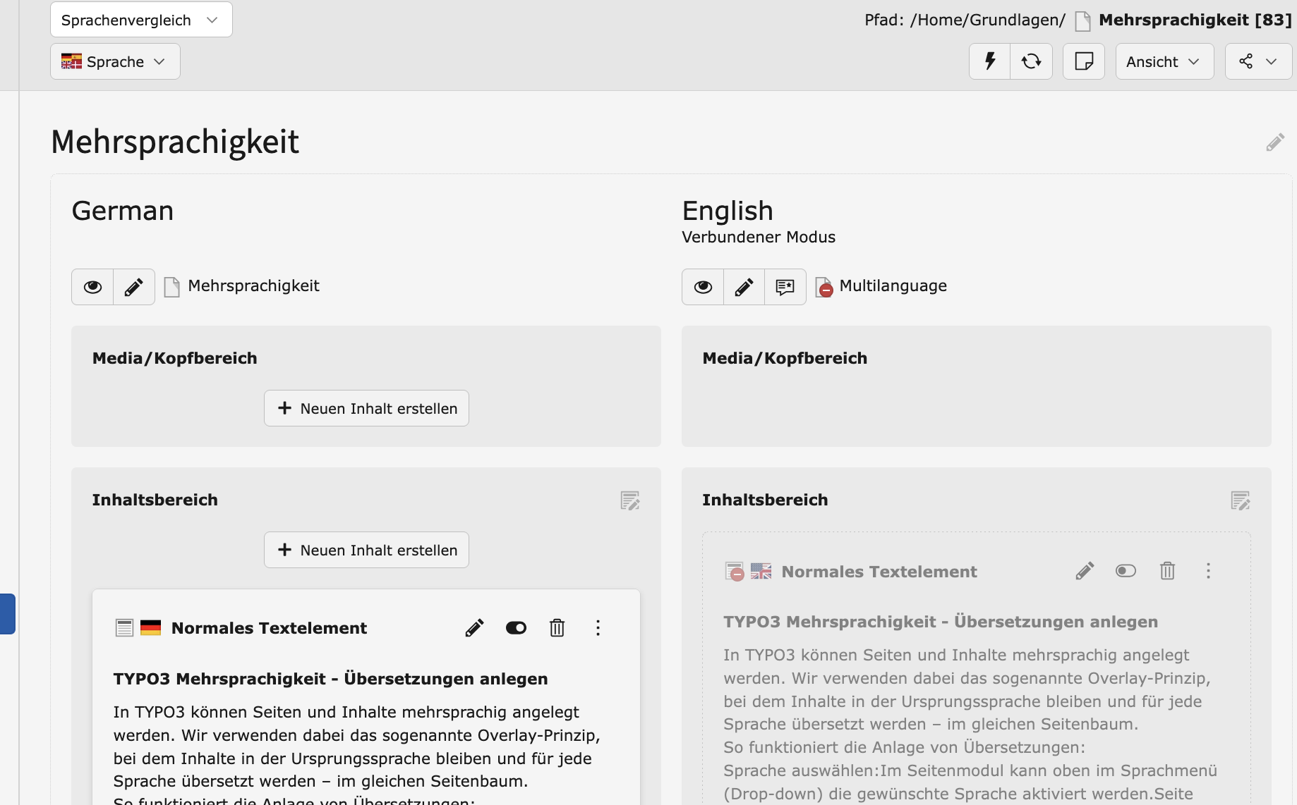 Inhalt in allen Sprachen nebeneinander