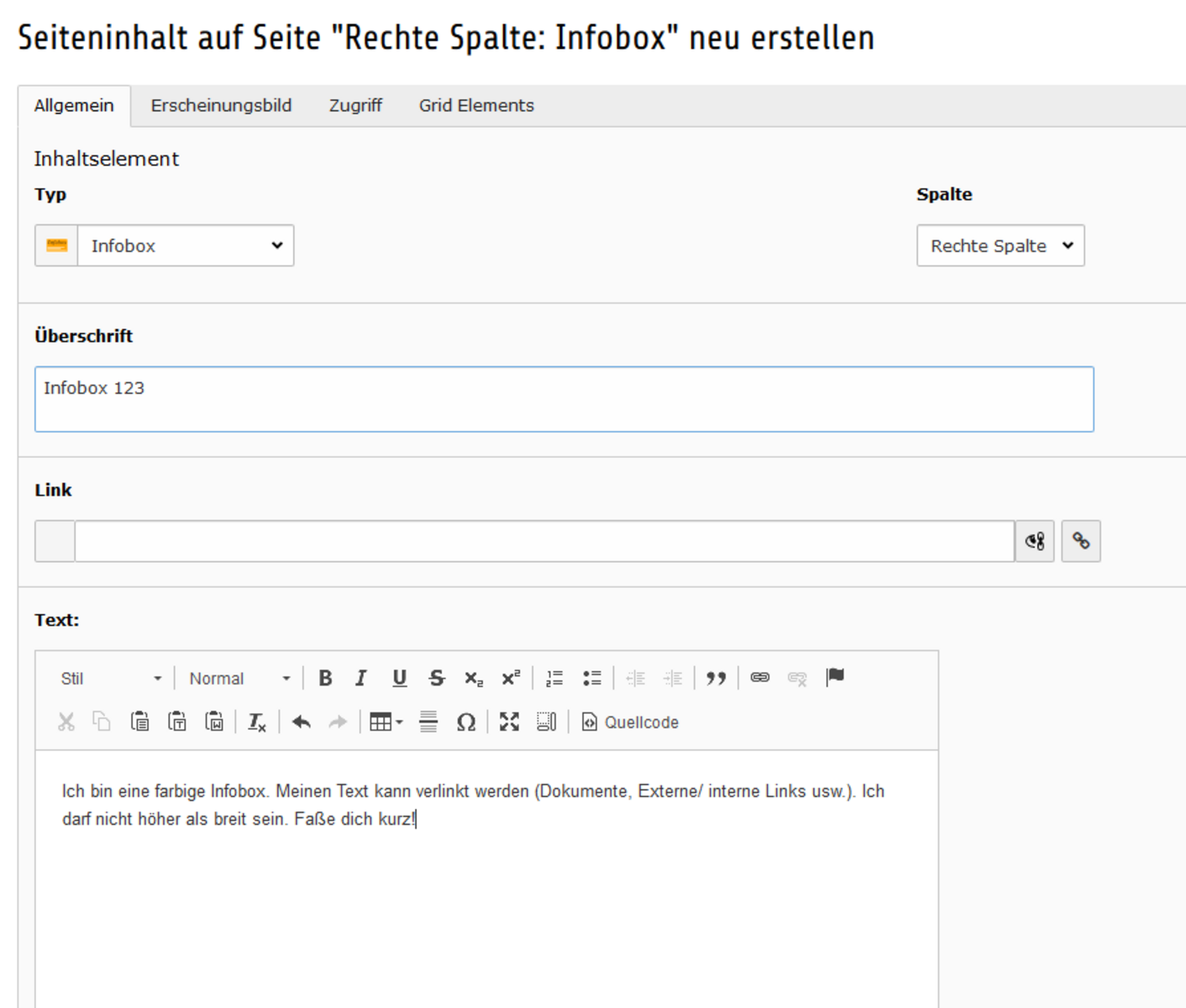 Pflichtfelder befüllen, Texte und Verlinkung setzen